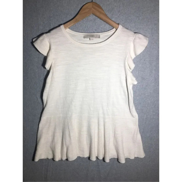 Womens Loft Blouse Peplum White cream Ruffle Sleeve Boho Beachy Romantic - Picture 1 of 4